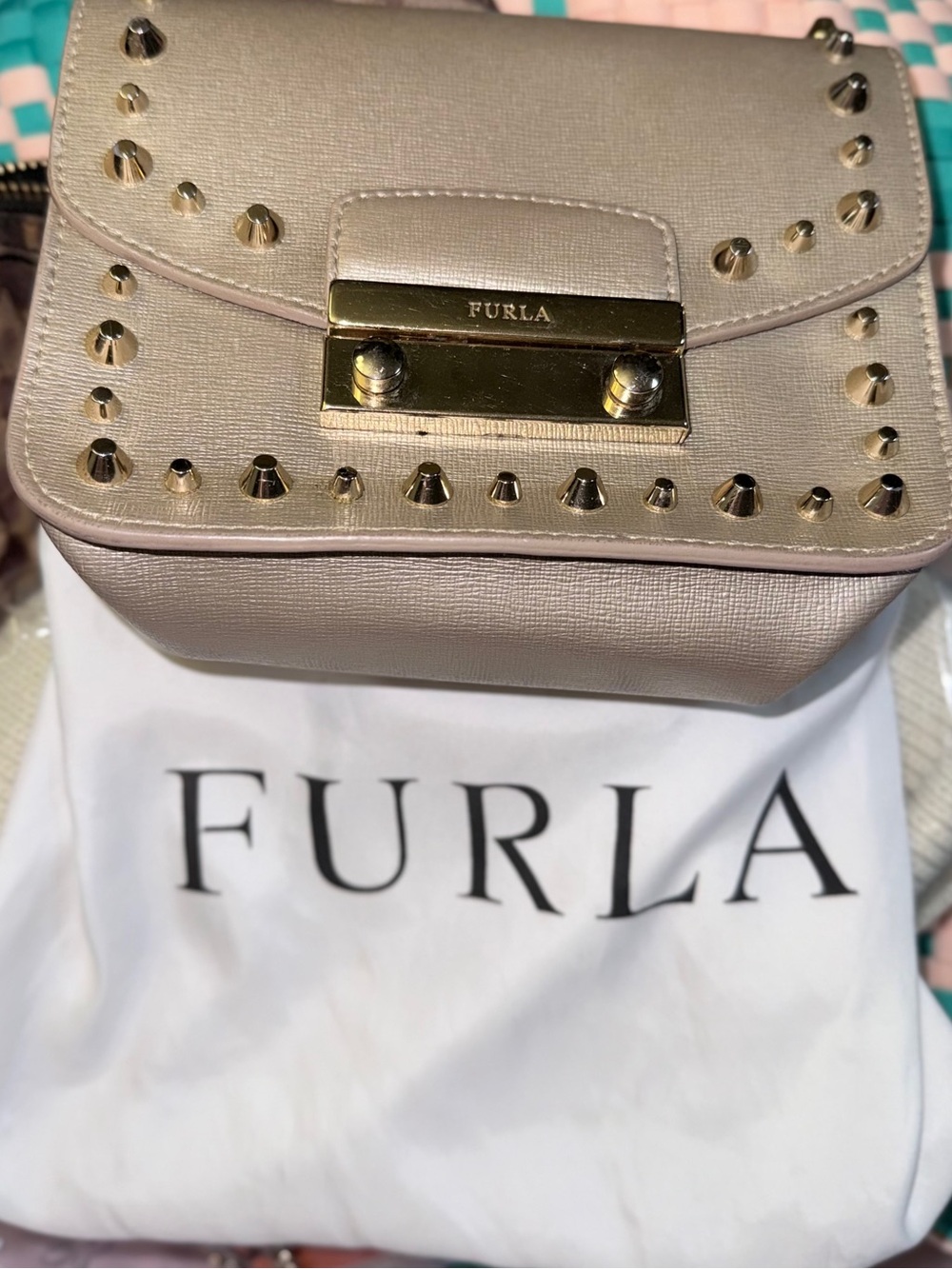 Furla EUC Julia Studded Metropolis Crossbody with Gold Studs & Chain - Picture 2 of 16
